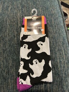Women's Ghost Pattern Crew Socks in Black, White & Purple